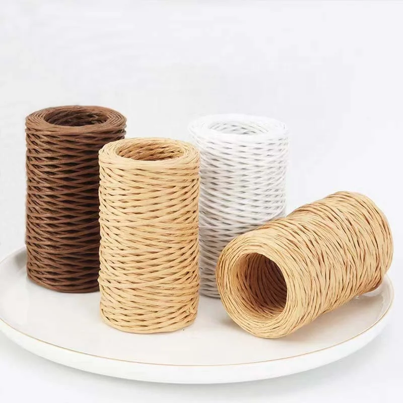Custom 50m paper White Brown Raffia Ribbon 4mm Cord Craft Rope For Gift Bouquet Warp