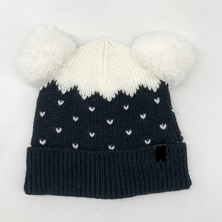 Baby Beanie for Girls Boys Jacquard Knit Winter Hat Cozy Lining Skull Cap Double Pom Pom Hats Toques Unisex Wholesale