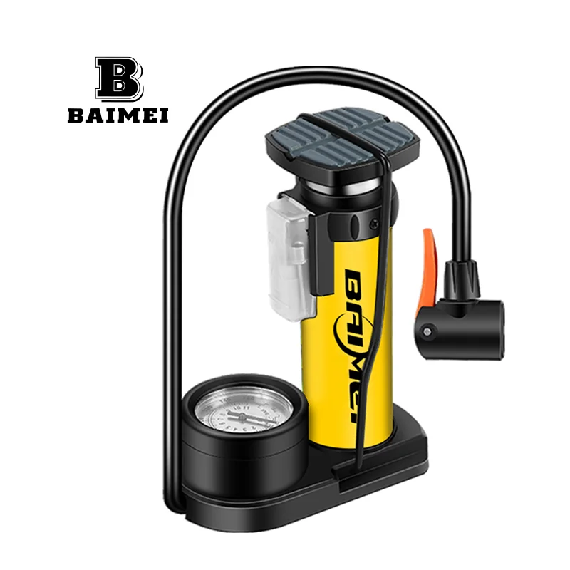 Baimei portable inflatable cylinder floor foot pump with pressure gauge for motorcycle, bicycle, mountain bike tires