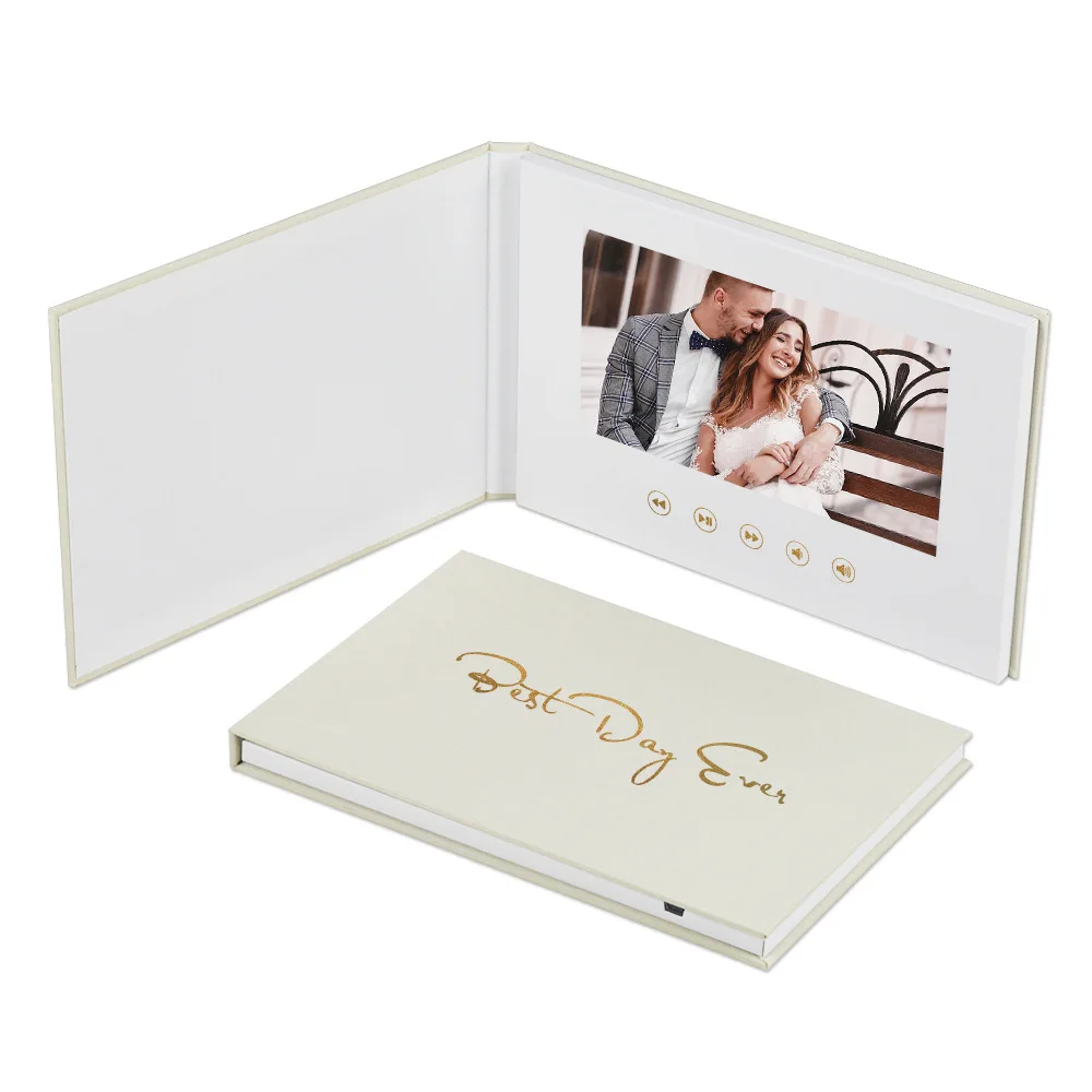 New Design Luxury Custom Wedding Invitation Card 7 Inch Linens Hardcover Wedding Video Brochure Gold Leaf Video Memory Book
