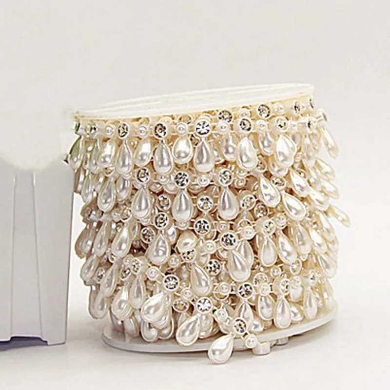 diy crystal plastic beaded chain lace scarf hat decorative beige imation drop leaf pearl trimming rhinestones string pearl trims
