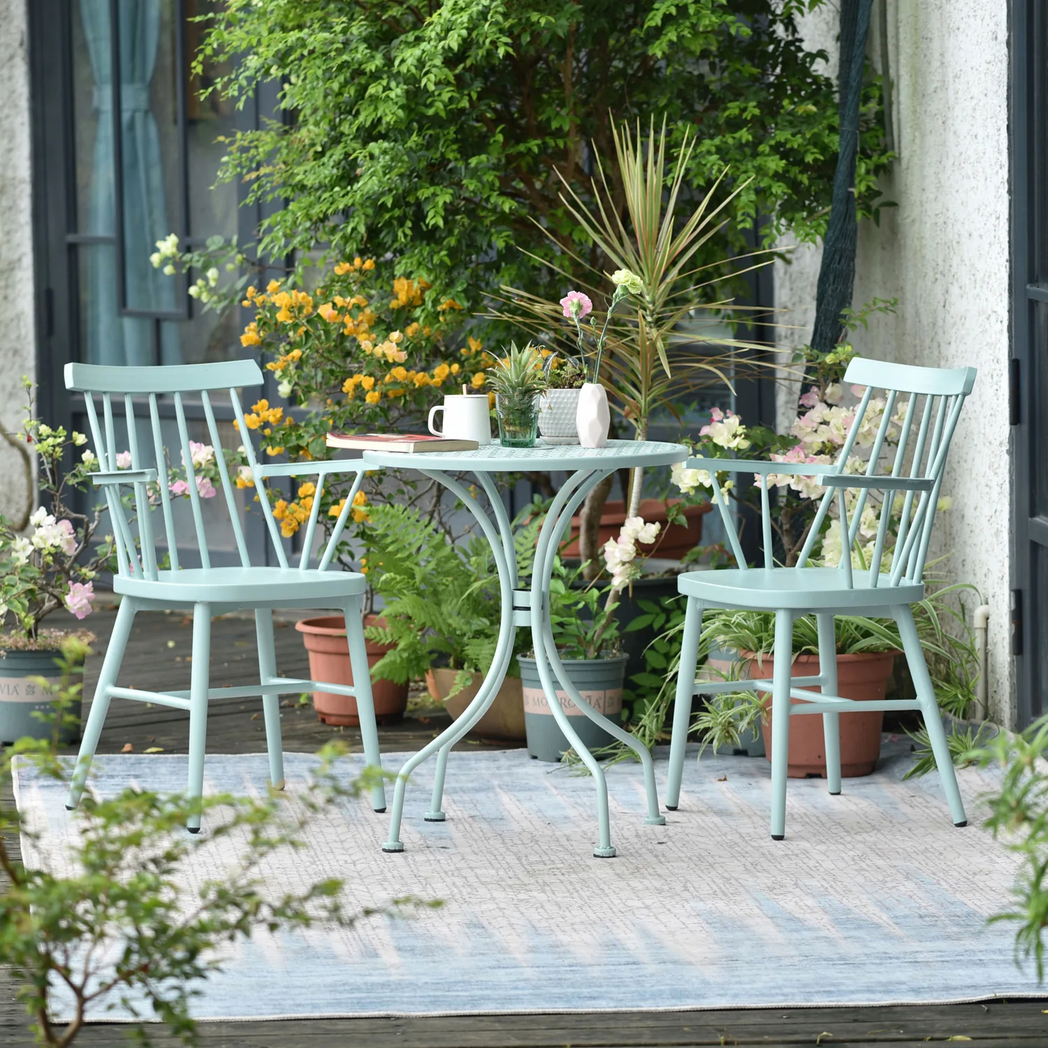 light blue aluminum chairs and round 60 cm metal table sets with 2 people leisure garden outdoor girl furniture