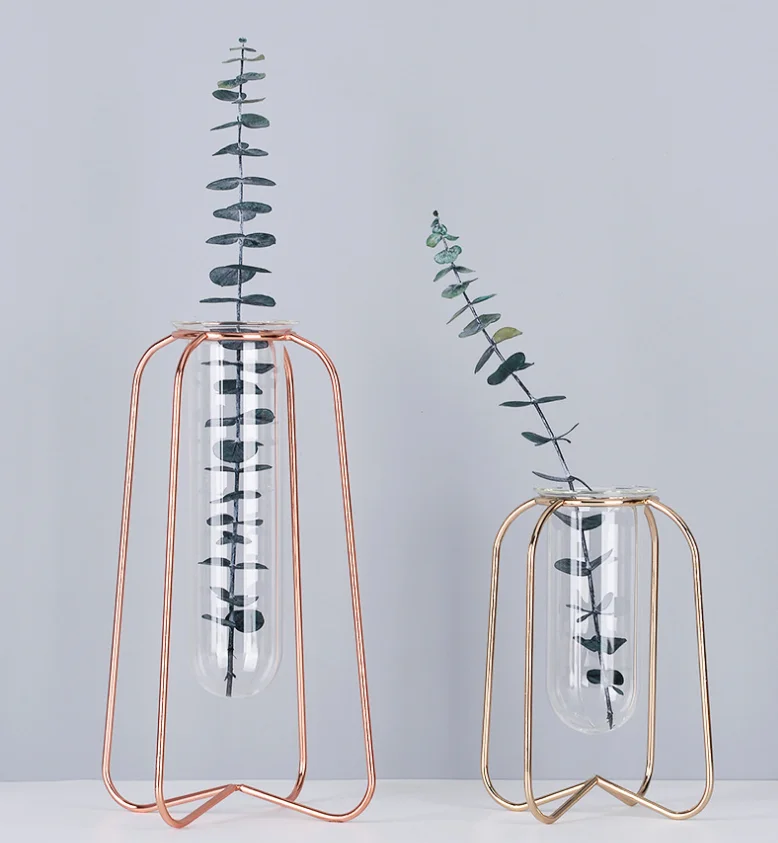 Ins hot sale High quality Metal Frame Wrought Iron Flower Glass Vase Decorative metal wire flower vase For Home Decor