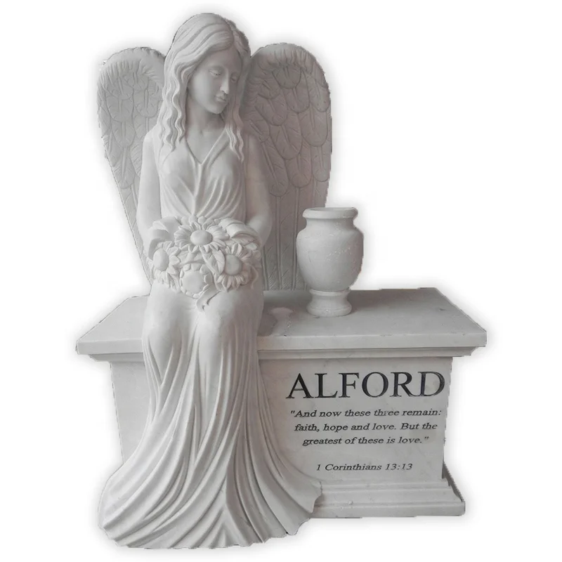 Новая мраморная надгробная плита Shengye кладбище памятник ангела белый мрамор статуя сидящего с цветком