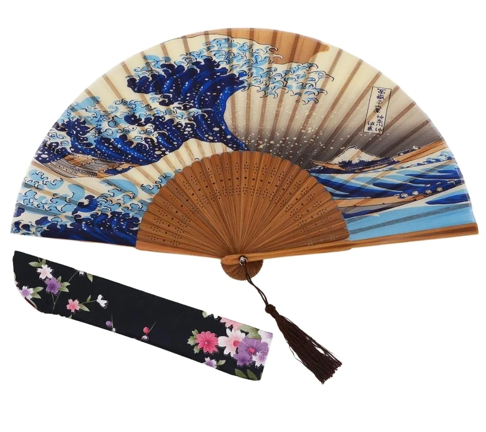 Handmade Landscape Dancing Cosplay Wedding Party Sea Waves Bamboo Silk Folding Fan For Women Ladys Girls
