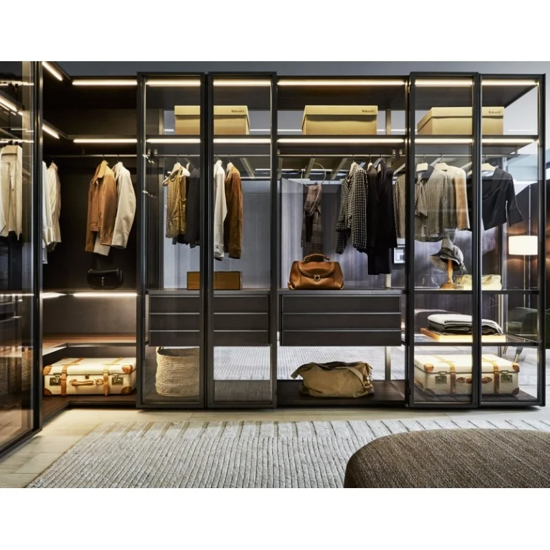 New Design Rotating Shoe Rack Wooden Wardrobe Reflective Bronze Glass Panel Walk in Closet Niche Composition