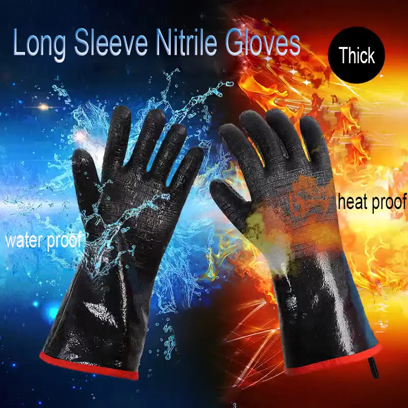 Long Sleeve Nitrile Glove Safety Anti slip Cooking BBQ Acid Alkali High Temperature Resistant Fire Oil Heat Proof Kitchen Gloves