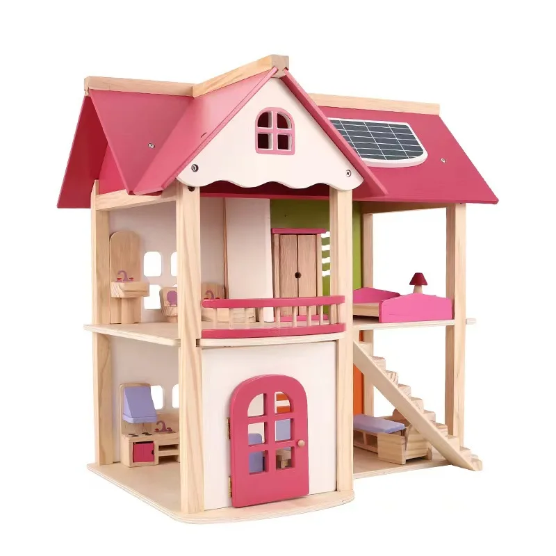 Factory Wholesale Kids Furniture Wooden Pink Doll House DIY Pretend Toy Princess Castle Suit