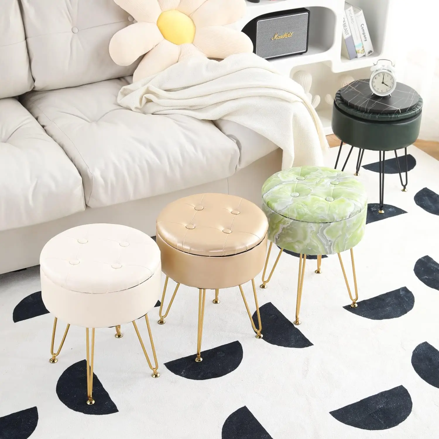 Beige Faux Leather Storage Ottoman Round Footrest Stool Multifunctional Upholstered Ottoman with Metal Legs Modern Vanity Stools