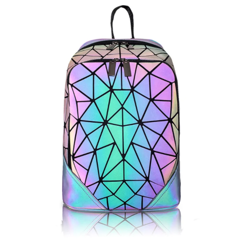 high vis new fashion luxury flash PU leather triangle geometric pattern rainbow luminous reflective backpack school shoulder bag