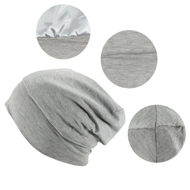 Custom Logo Sleep Cap Stay On Slouchy Women Silk Satin Inside Lined Hat Beanie With Satin Lining Inside