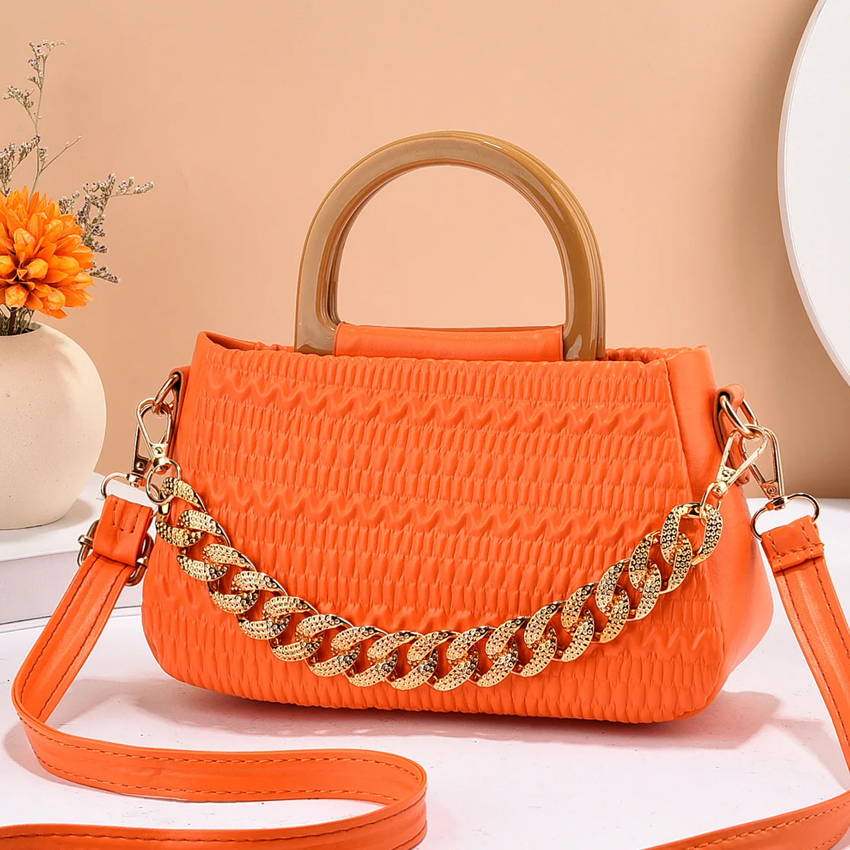 RU Top Handle Pleated Soft PU Leather Women Shoulder Bags Large Capacity Chain Handbags Ladies Purses Wholesale