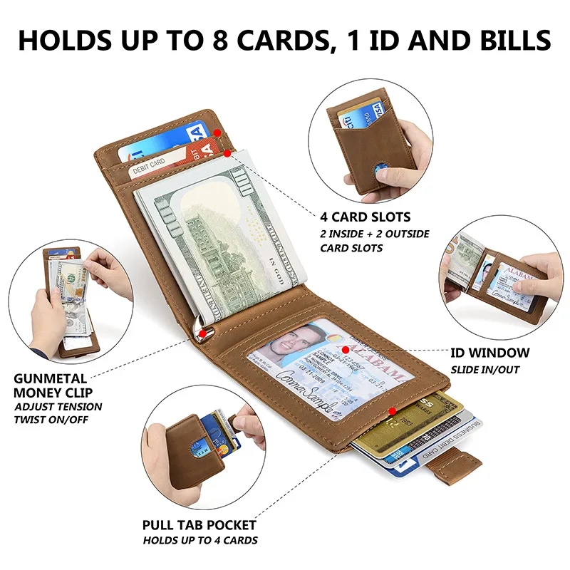 Custom Logo Business Card Holder Short Dollar Money Clip For Men Genuine Leather Certificate Bags Designer RFID Blocking Wallet