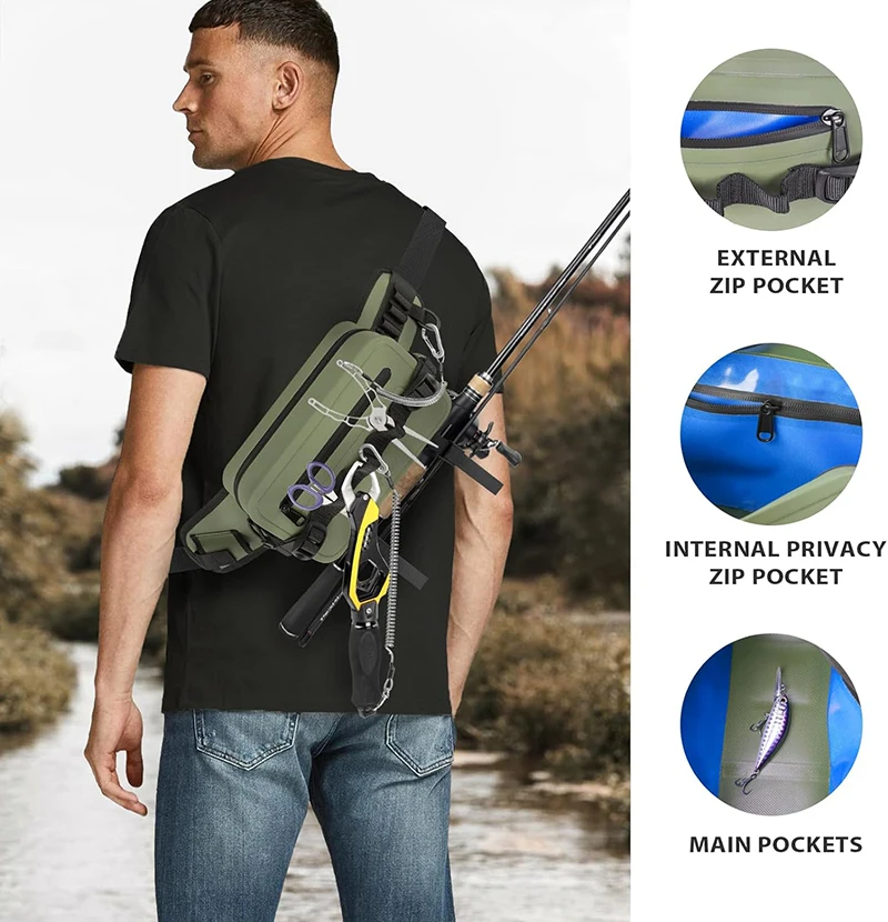 Waterproof Fishing Waist Pack Fishing Tackle Bag Fanny Pack Waist Bag with Adjustable Strap Fishing Rod Holder