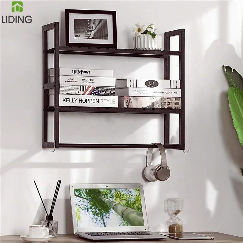 Bamboo Bathroom Shelves 3 Tier Adjustable Layer Rack Wall Mounted Utility Storage Shelf Rack with 2 Hooks