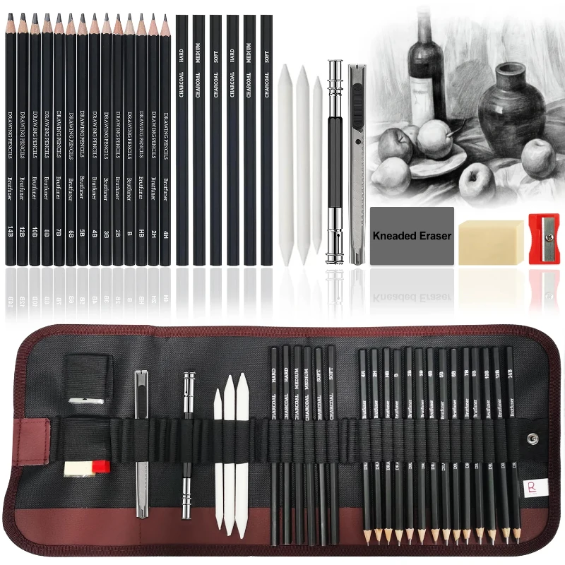 Keep Smiling 29pcs Wooden Charcoal Sketch Pencil Set Drawing Pencils Kit In A Roll Up Bag For Artist