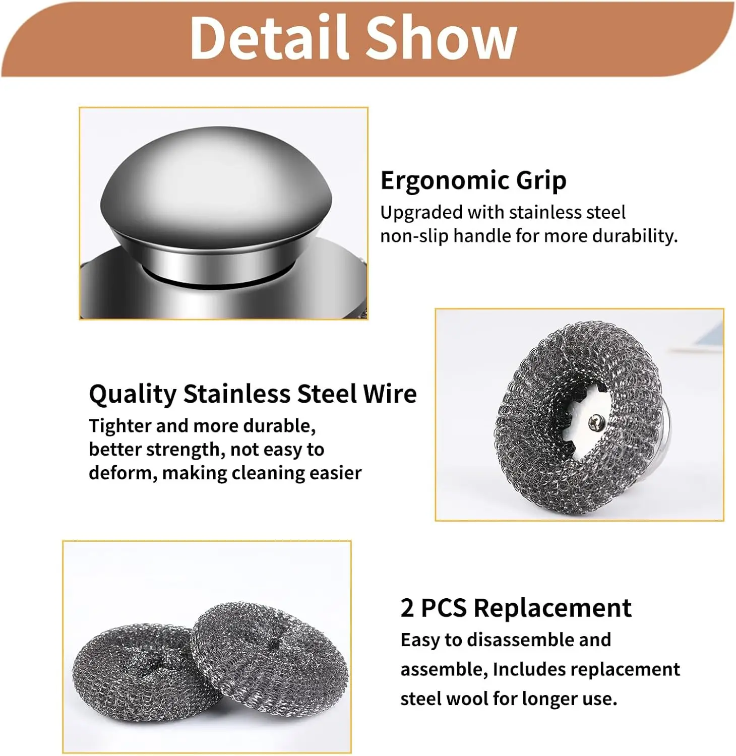 Steel Wool Scrubber with Replacement Wire Pads Set Stainless Steel Scrubber with Handle for Scouring Stubborn Messes