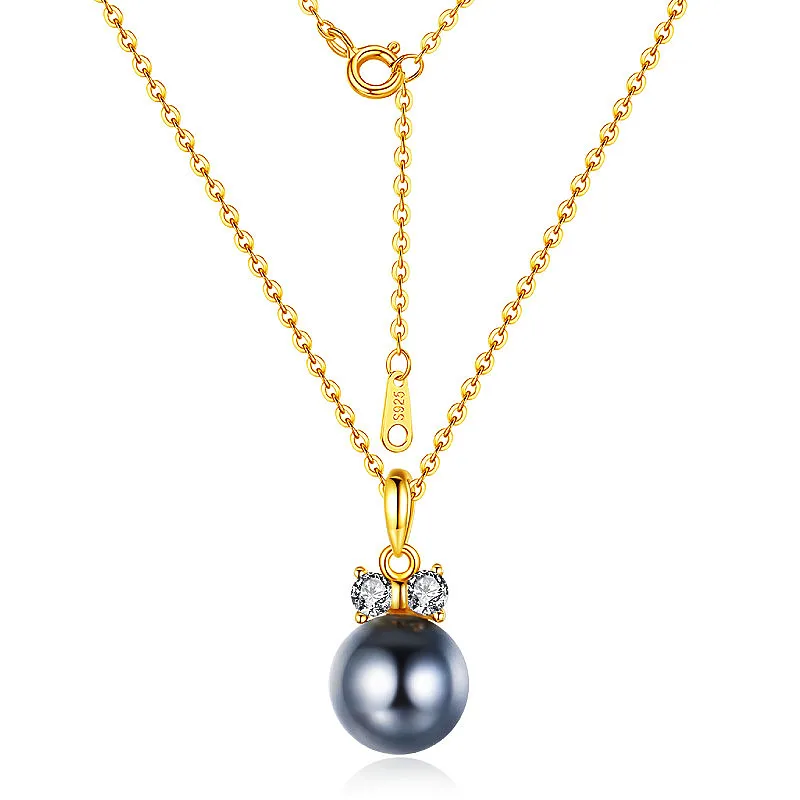 YINSAKI 925 Silver Shell Pearl 14K 18K 22K Gold Plated Necklace One Pearl Bead Pendant Necklace  Black Shell Pearl