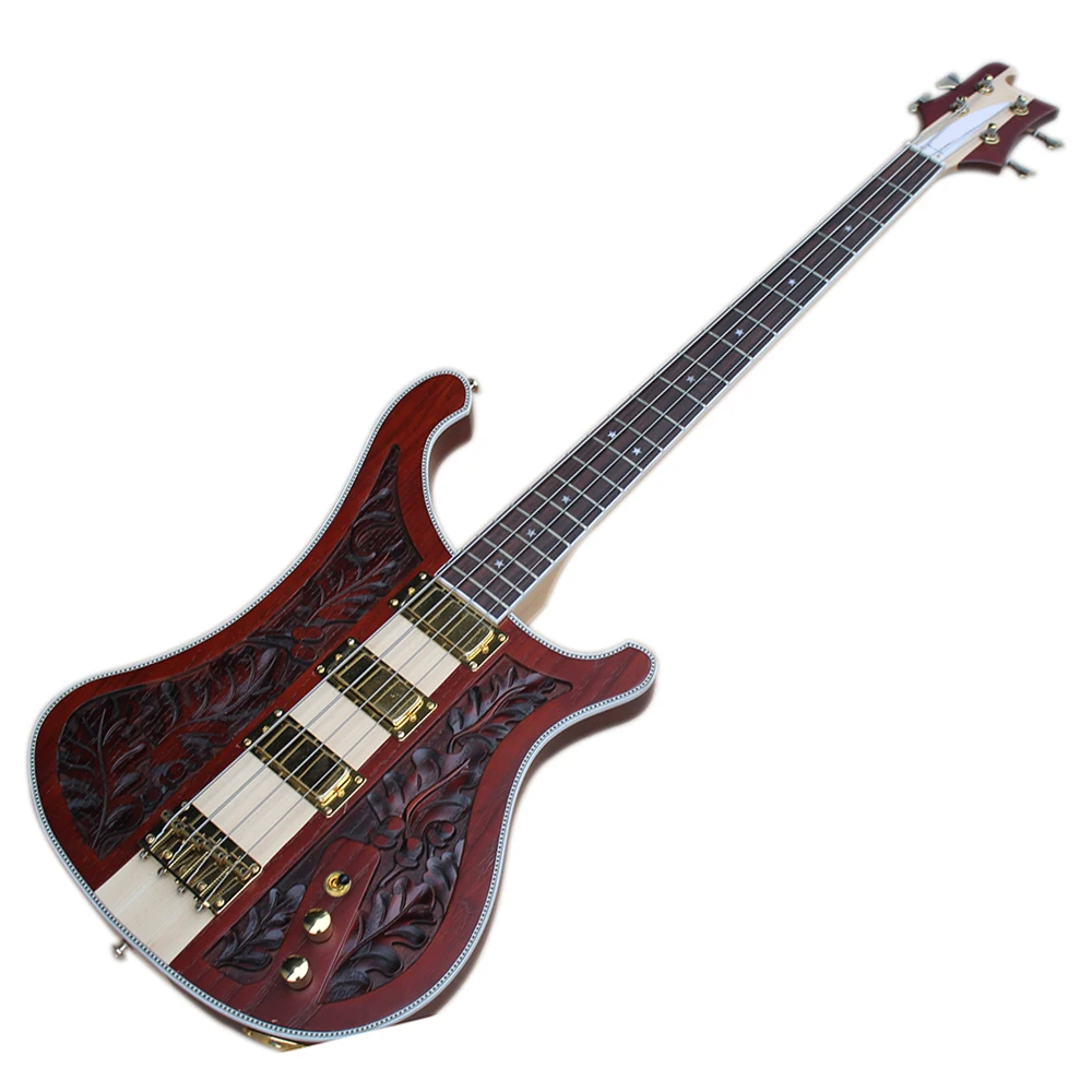 Factory Outlet-4 Strings Neck-thru-body Electric Bass Guitar with Carved Pattern,3 Pickups