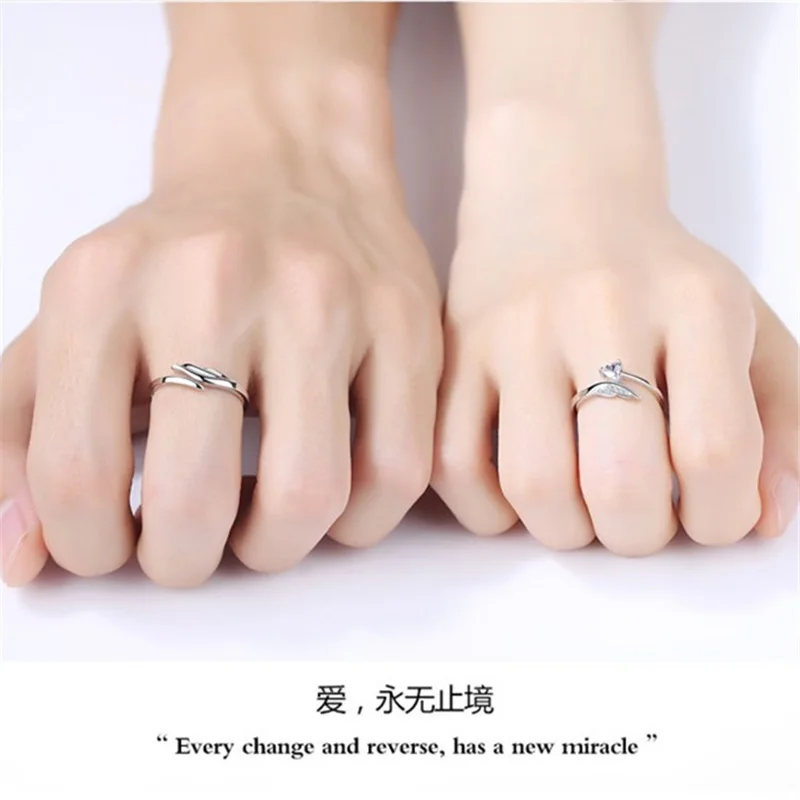 Fashion Angel Wing Couple Ring Zircon Wedding Engagement Ring 925 Sterling Silver