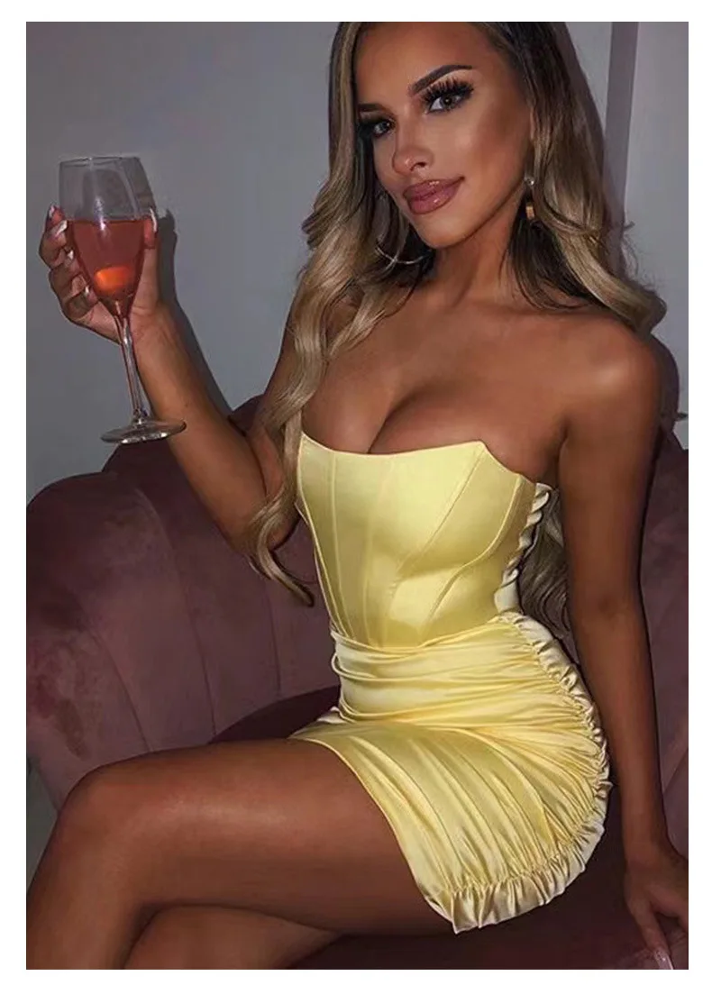 Women Summer Silver Glitter Skeleton Beautiful Plisket Shiny Strapless Vestido Bodycon Sexy Elegant Night Party Short Dress