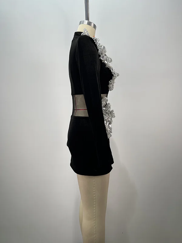 A9439 Fast Shipping Black Women Mini Party Dress Velvet Beaded Ladies Elegant Evening Dress