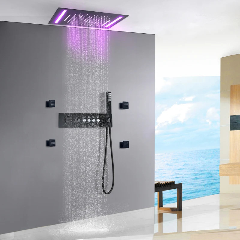 20*14Inch Matte Black Rainfall Shower System LED Constant Temperature Digital Display  Bathroom Full Shower Set