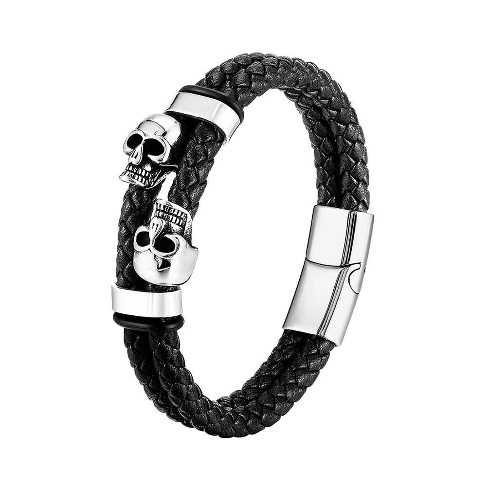 Best Selling Gold And Black Plated Stainless Steel Skull Design Pu Leather Bracelet Wholesale