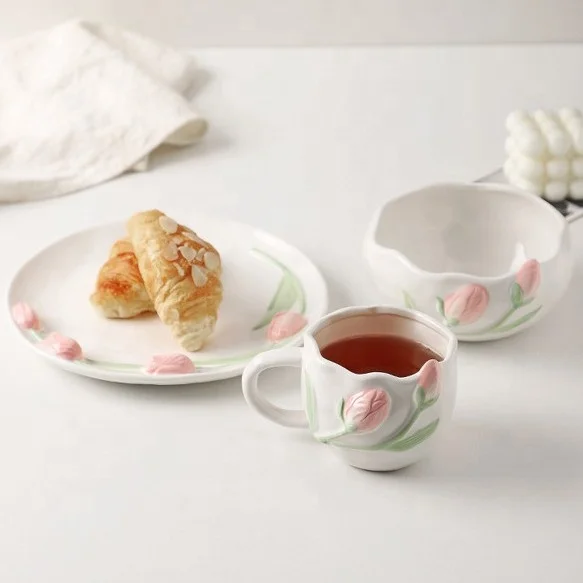 Madou 350 мл корейский стиль 3D тюльпан керамика для тарелочной чаши посуда ручной росписью кофейная чашка торта десертная тарелка