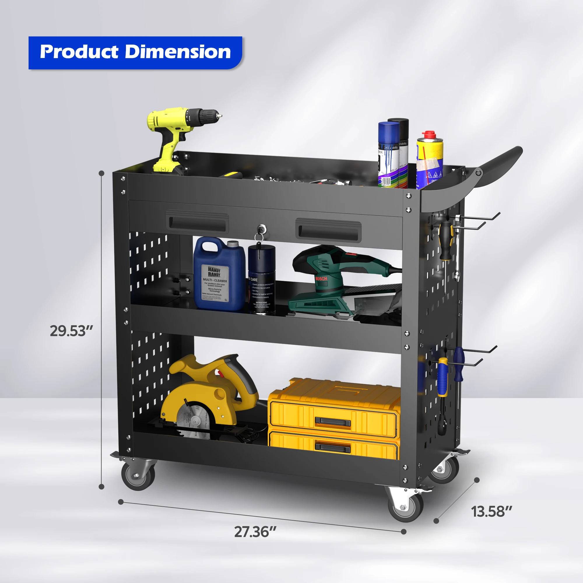 Utility Metal Cart Rolling 3 Tier Rolling Cart with Wheels Garage Storage Workshop Trolley Heavy Duty Tool Cabinet