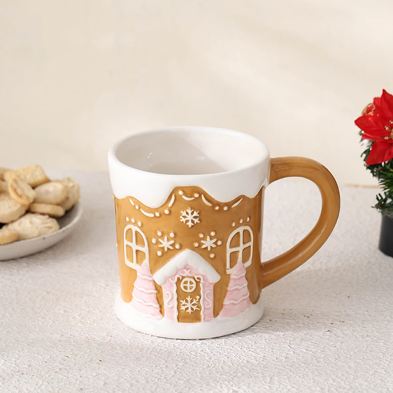 Wholesale Custom Cartoon handmade gingerbread man Christmas House embossed 3d Large Capacity Ceramic Cup Christmas Mug