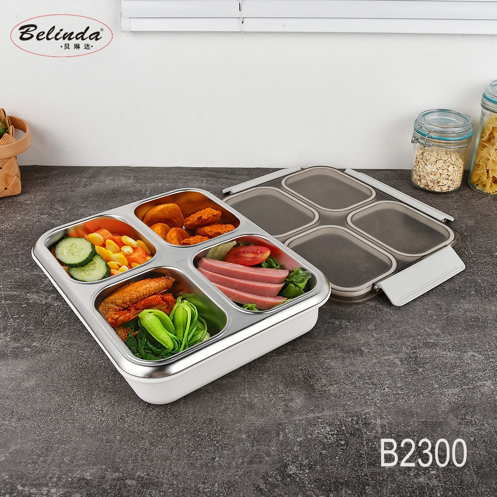 4 Compartments Plastic Bento Box with Stainless Steel Container Air-tight Heated Insulated Lunch Box Kids School
