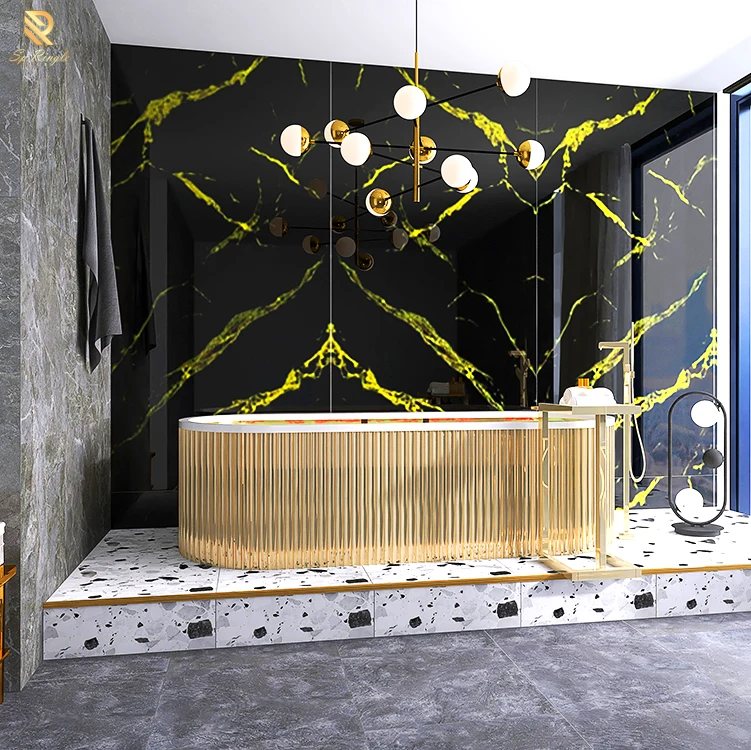 Black gold big porcelain marble glossy slab tile floor wall sintered stone glazed slab marble tile for living room decoration