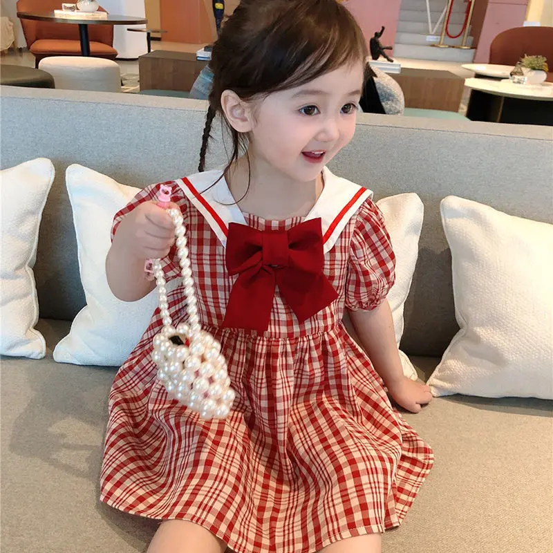 JHYKZL custom wholesale new arrival korean style summer little girls dresses cute preppy style plaid print dresses for girls