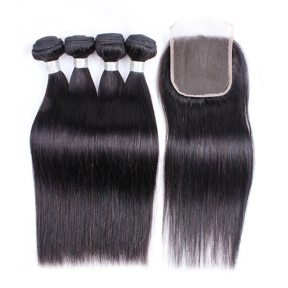 Brazilian Human Hair Extensions Natural Straight 4 Pieces Hair Bundles With Lace Closure