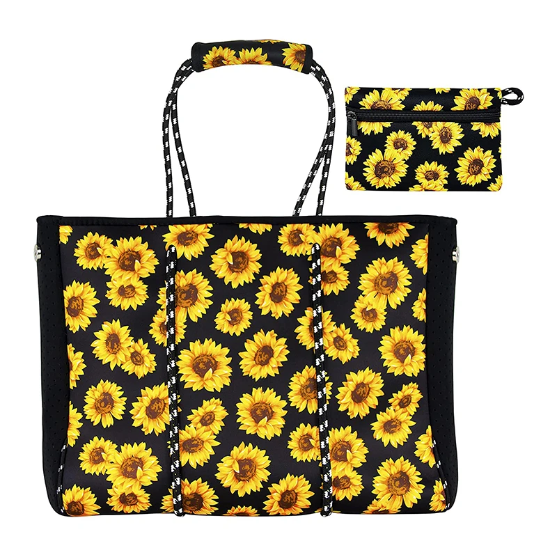 Free Design Logo Custom Fashion Portable Eco Reusable Women Handbag Shopping Tote Neoprene Beach Bag With Small Pouch