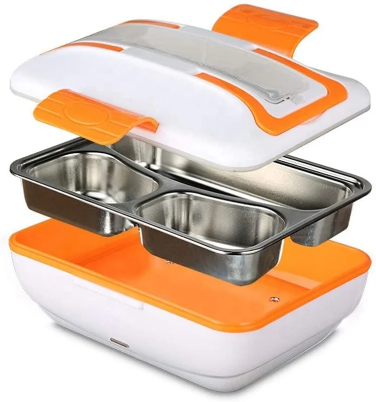 50W 3 Compartments Stainless Steel Container Food Warmer Heater Box Car Electric Portable Tiffin Lunch Box For Heating Meal