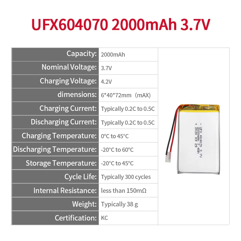 China Best Lithium-ion Polymer Cell Manufacturer Hot Selling High Quality Ordering Machine Battery UFX 604070 2000mAh 3.7V