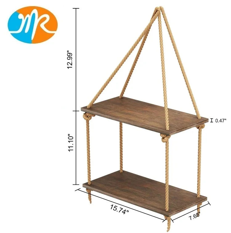 Hanging Wall Shelves Swing Rope Floating Shelf 2Tier Bamboo Storage Shelves for Living Room Bedroom Bathroom and Kitchen