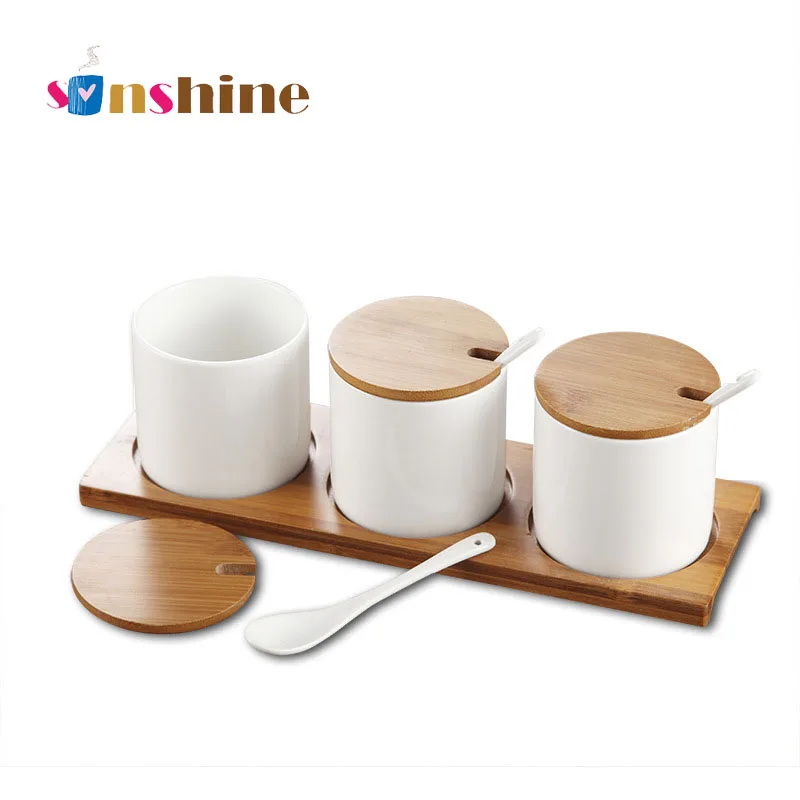 Nordic Kitchen Creative Ceramic three-piece set of Seasoning Jars With Spoon and Wooden Tray