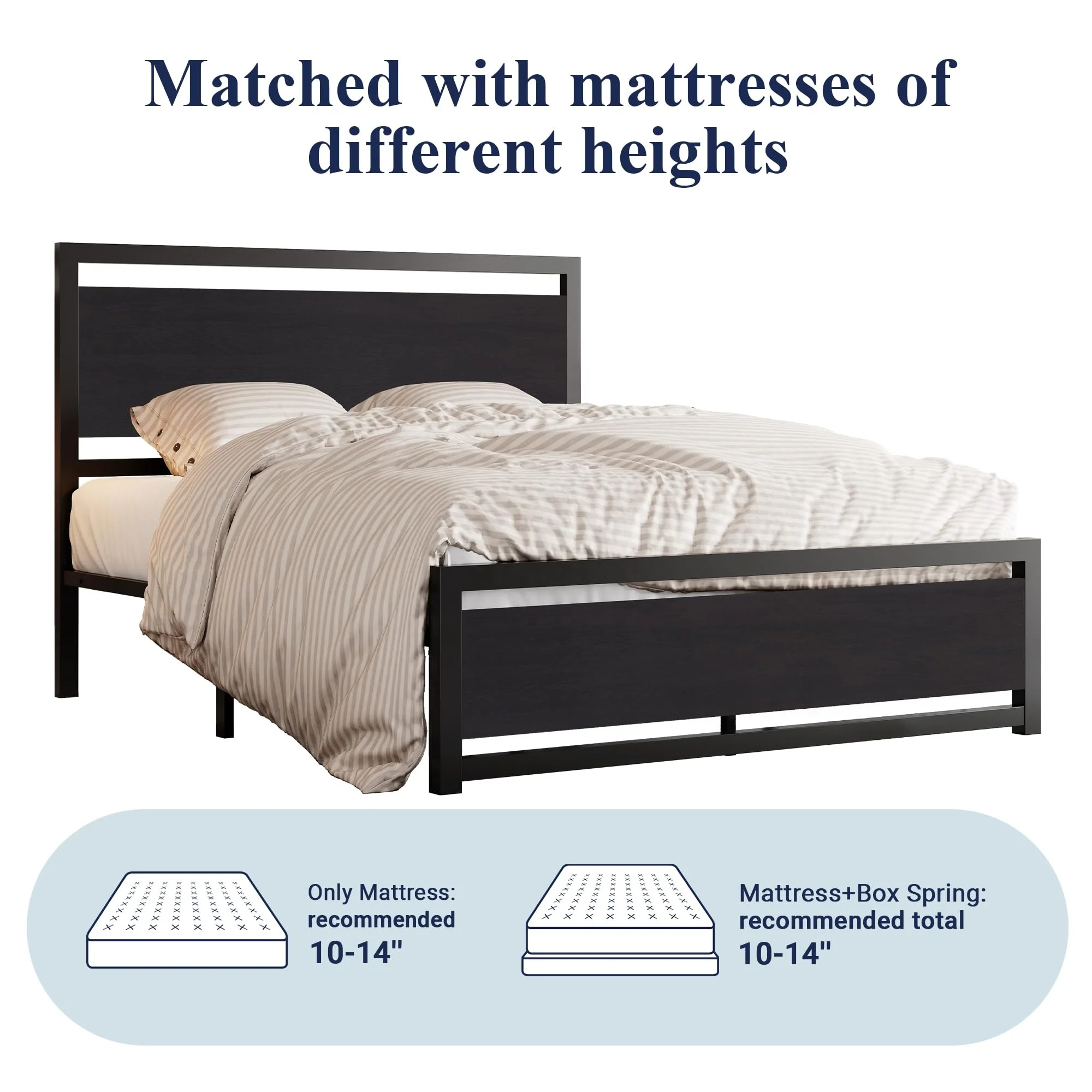 Industrial Brown Black Headboard Footboard Metal Frame Latest Double Bed Designs with Under-Bed Storage