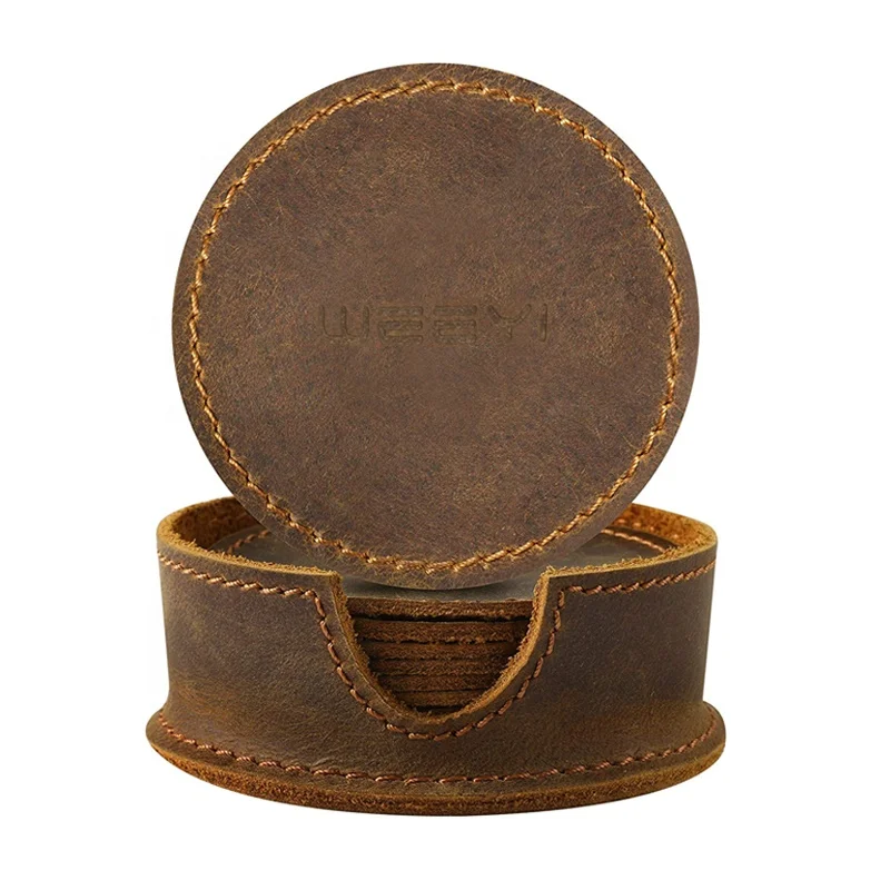 CHANGRONG Custom  home office kitchen bar Top grain crazy horse genuine leather coaster sets