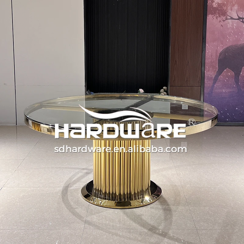Foshan Hardware Furniture Gold Stainless Steel Clear Glass Round Banquet Table Set