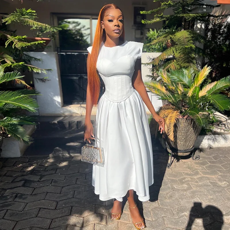 Fashion Summer Clothing Boutique Sleeveless Bust Padded Sexy Dress Elegant Corset Waist Style Maxi Dresses