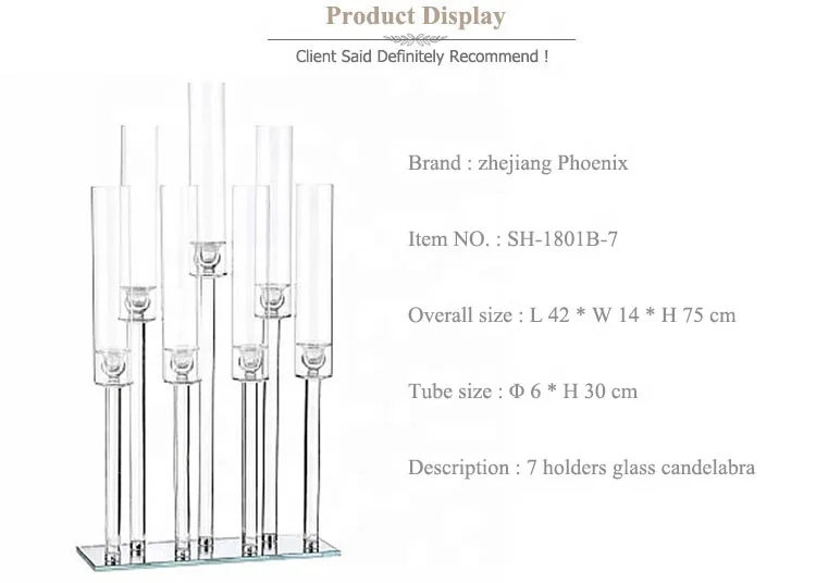 Wholesale rectangle shape 7 arms crystal pillar candle holder glass tube candelabra centerpiece wedding party decor