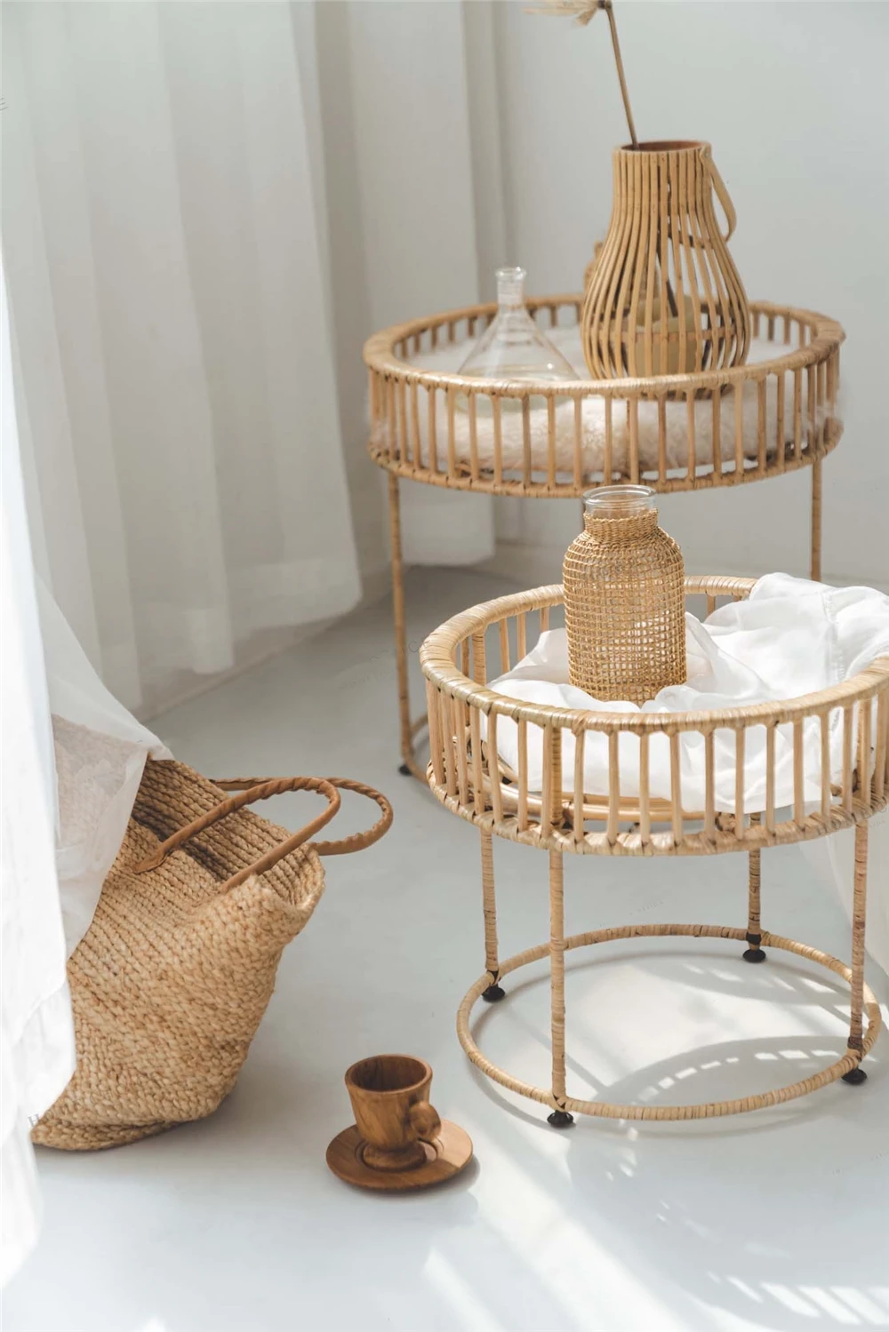  creative home-stay style round hand weaving furniture rattan bamboo stool coffee table side home