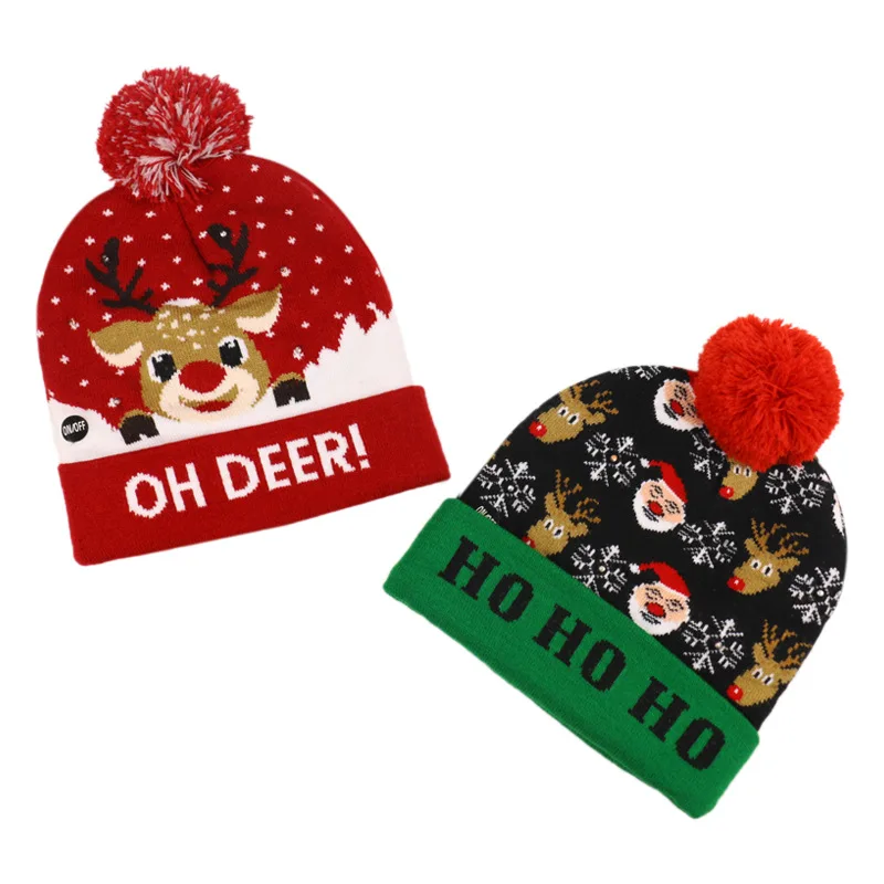 Newest Custom Logo Skull Cap Warm Winter Knitted Pompom Beanie Hats Festive Promotional Santa Deer Christmas Hats With Led Light