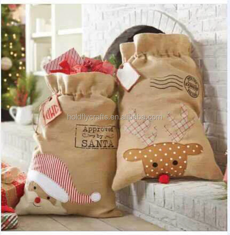 Factory Custom Sublimation Canvas Christmas Santa Sack Red Drawstring Stripe Candy Bag Linen Plaid Blank Large Cotton Gift Sack