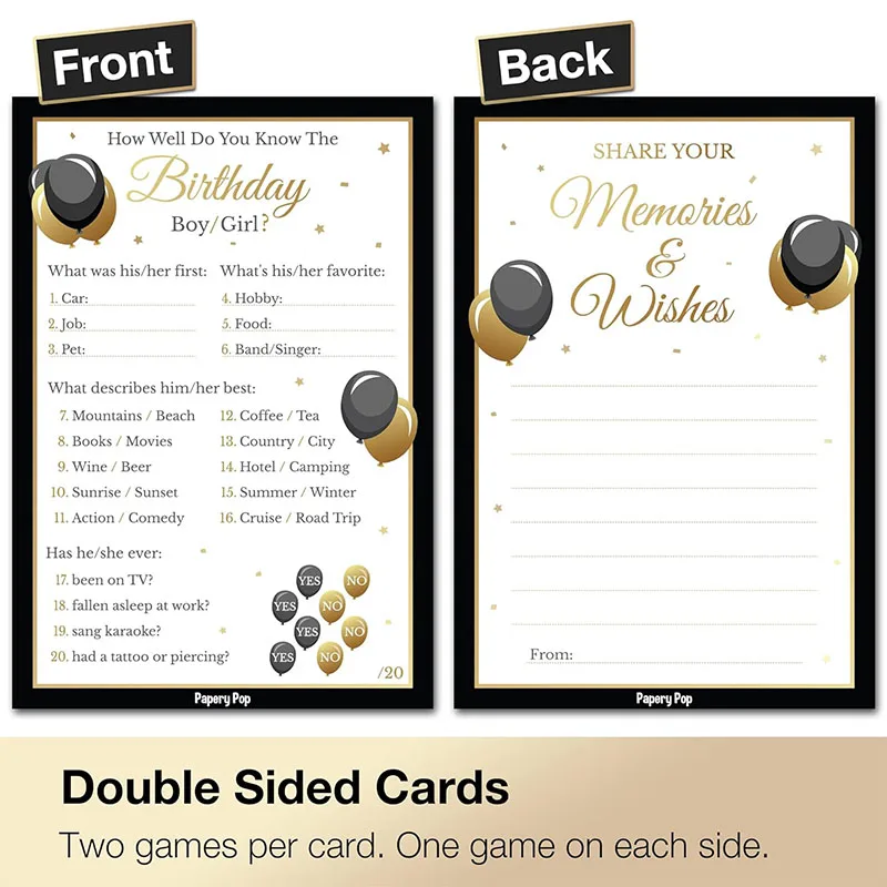 Custom Printing Double Sided Birthday Party Games How Well Do You Know The Birthday Boy or Girl Game Cards
