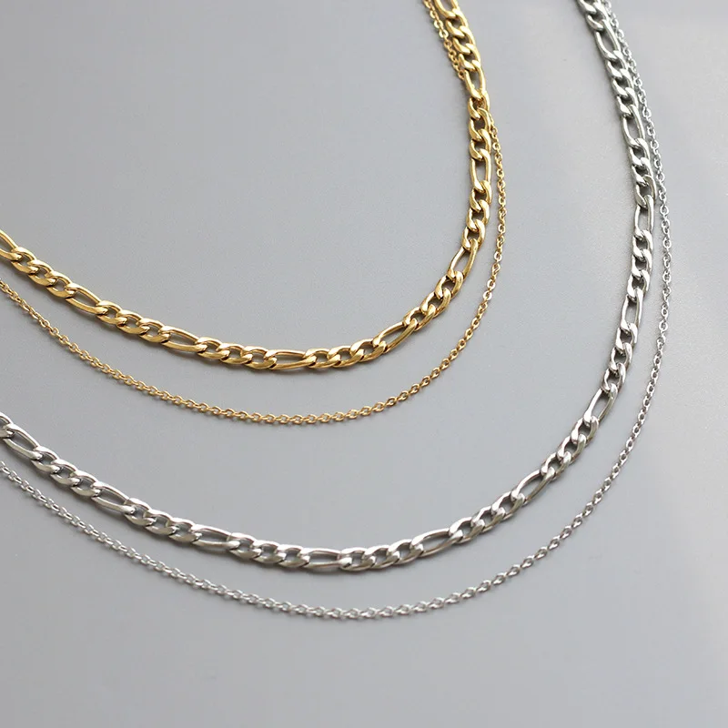 Double Figaro Chain Layered Stainless Steel Necklace 18K Gold Plated Tarnish Free Waterproof Jewelry
